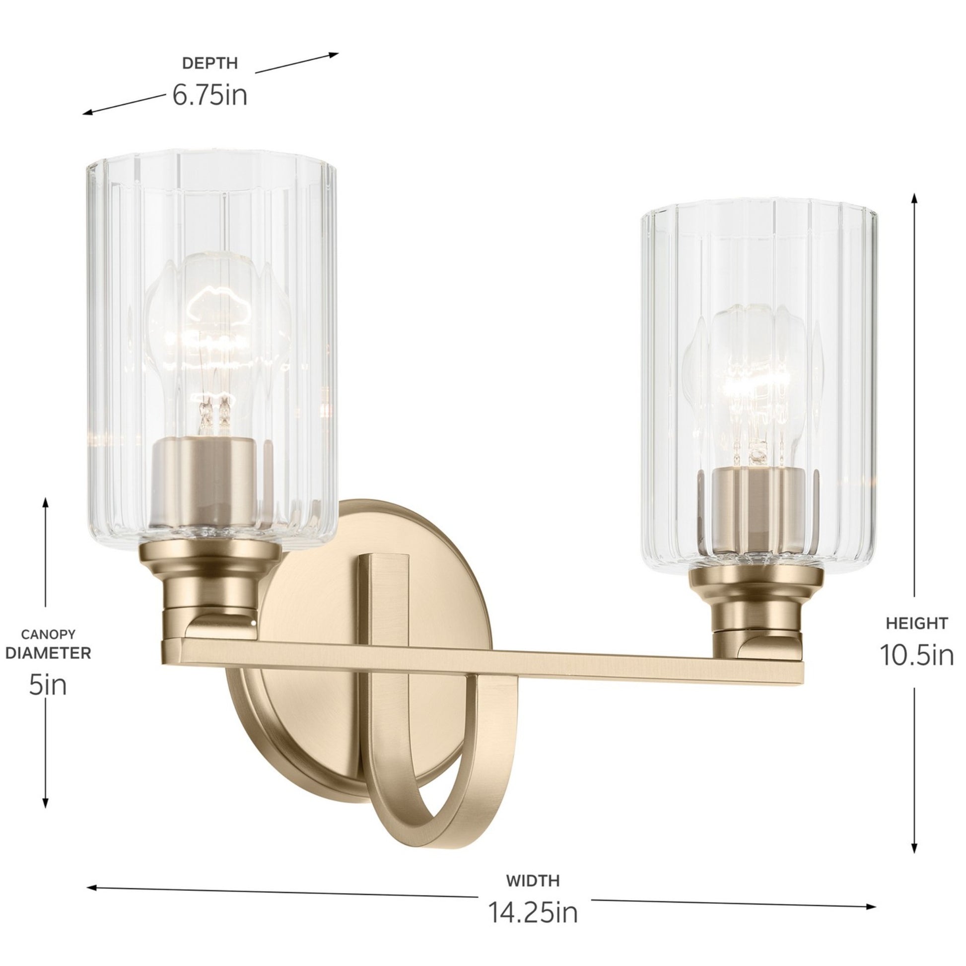 Gioe 14" 2-Light Bath Vanity Light, Champagne Bronze Finish Fluted Glass - Bees Lighting