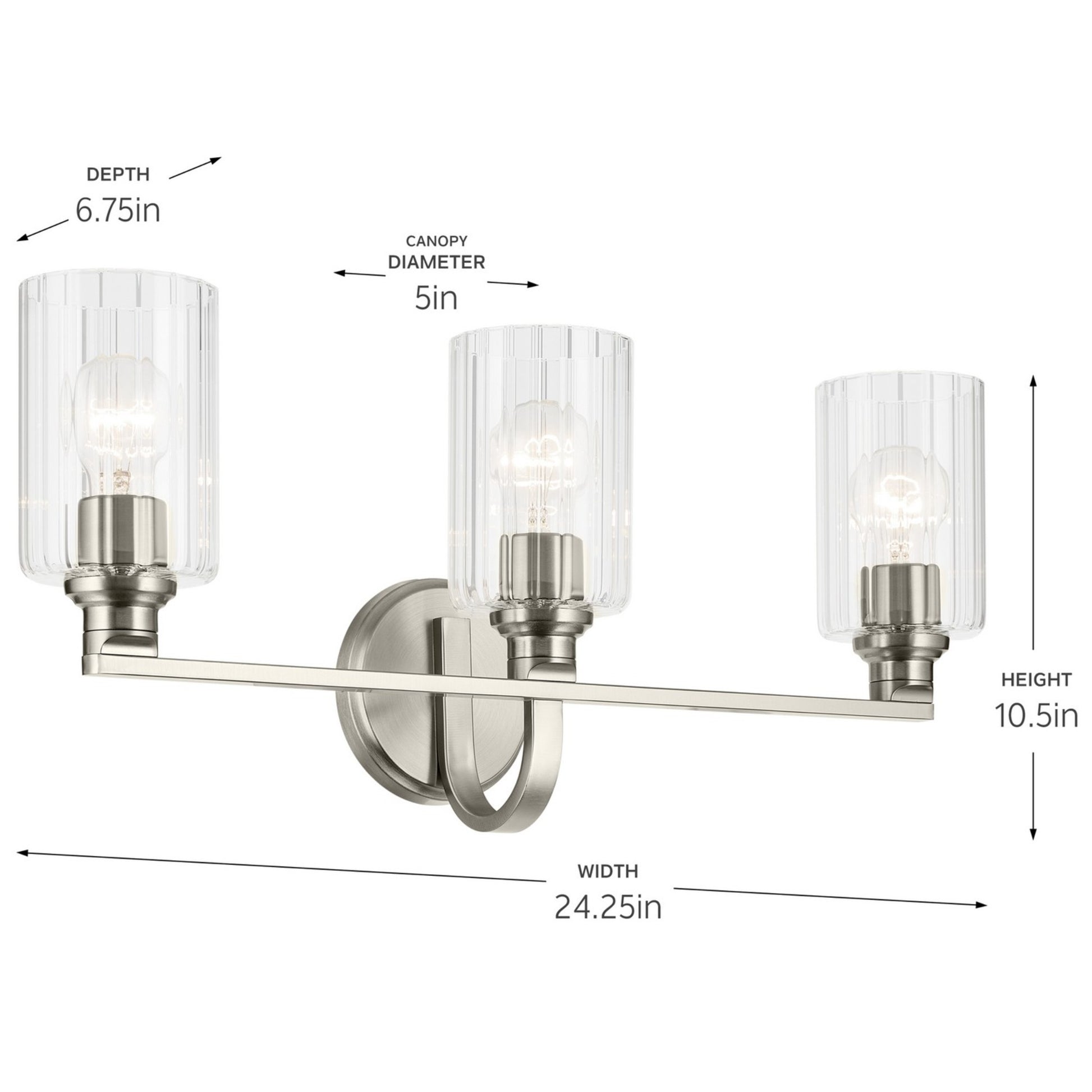 Gioe 24" 3-Light Bath Vanity Light, Brushed Nickel Finish Fluted Glass - Bees Lighting