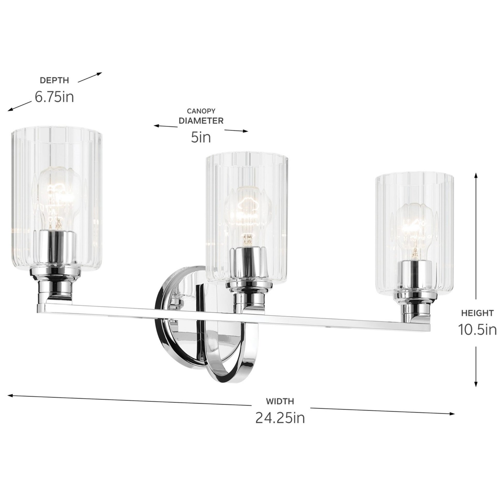 Gioe 24" 3-Light Bath Vanity Light, Chrome Finish Fluted Glass - Bees Lighting