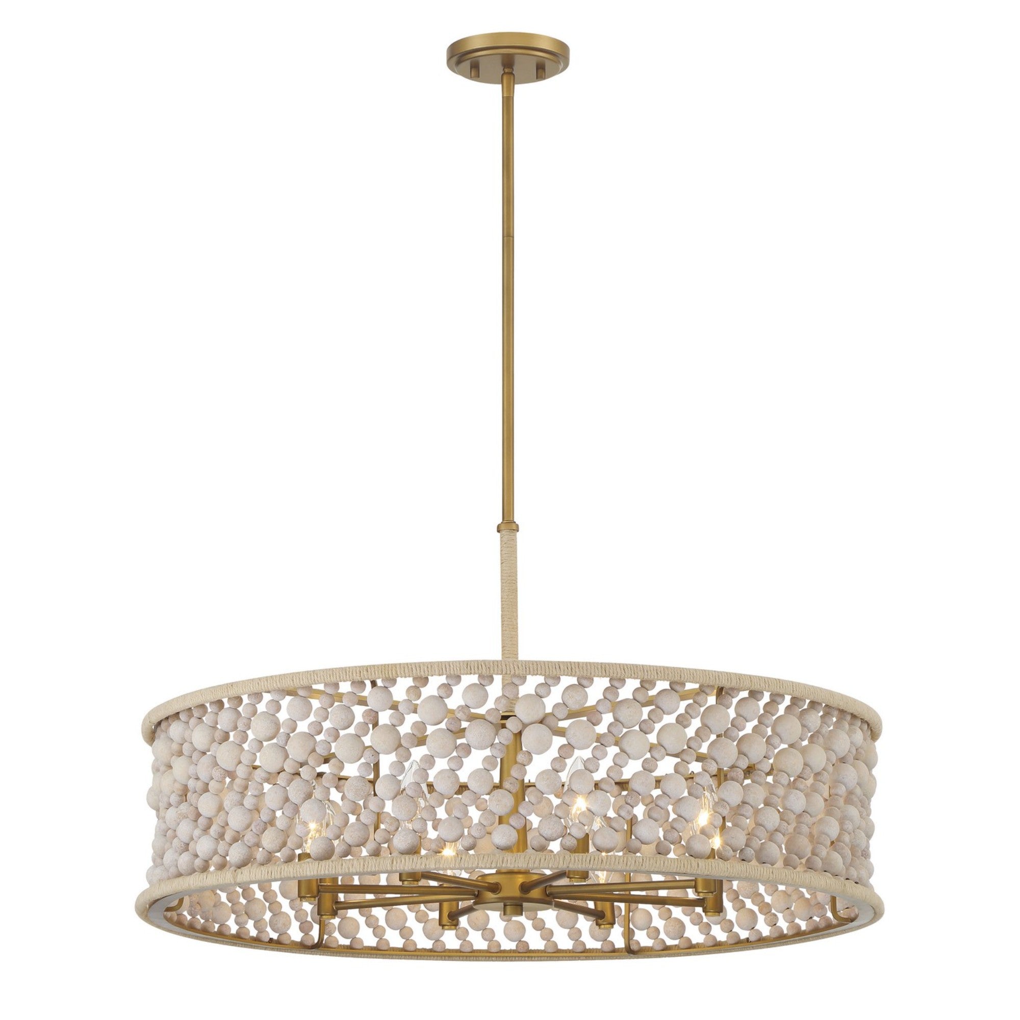 Horsmore 30" 8-Light Pendant, Legacy Brass Finish with Bleached Wooden Beads - Bees Lighting