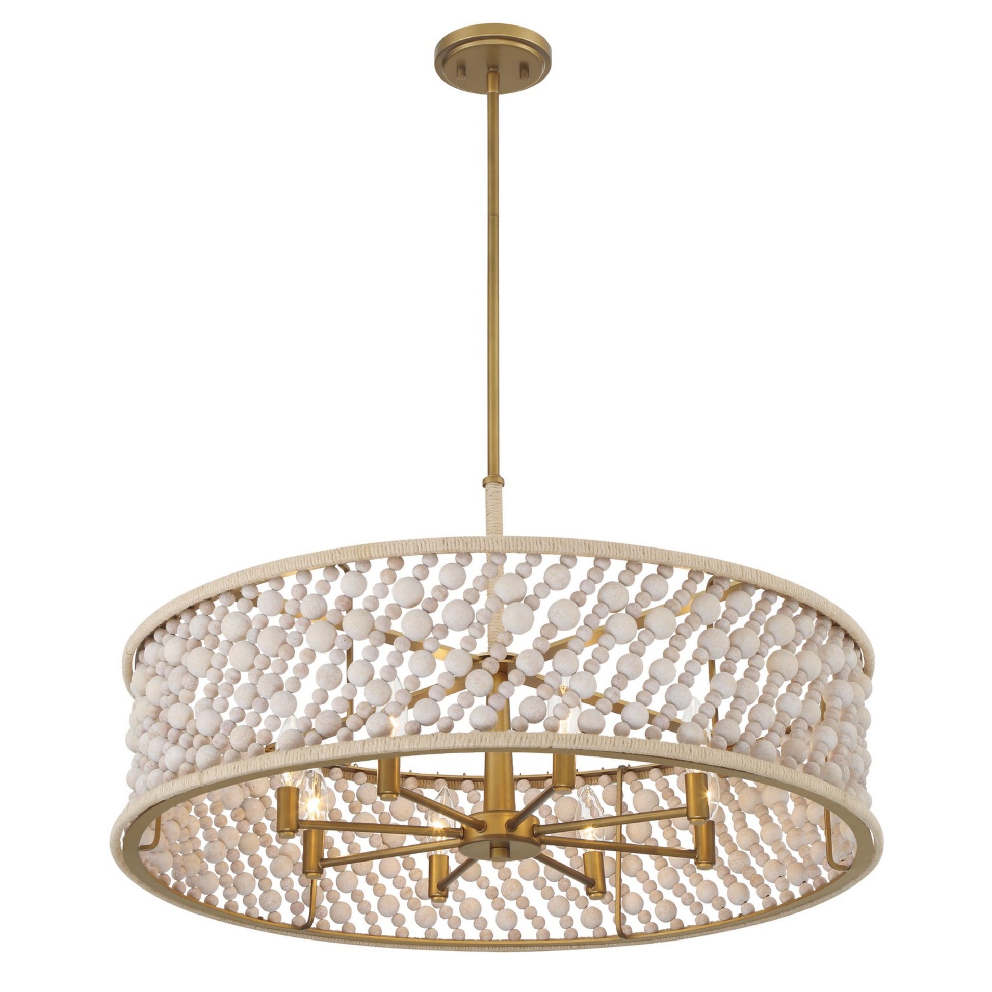 Horsmore 30" 8-Light Pendant, Legacy Brass Finish with Bleached Wooden Beads - Bees Lighting