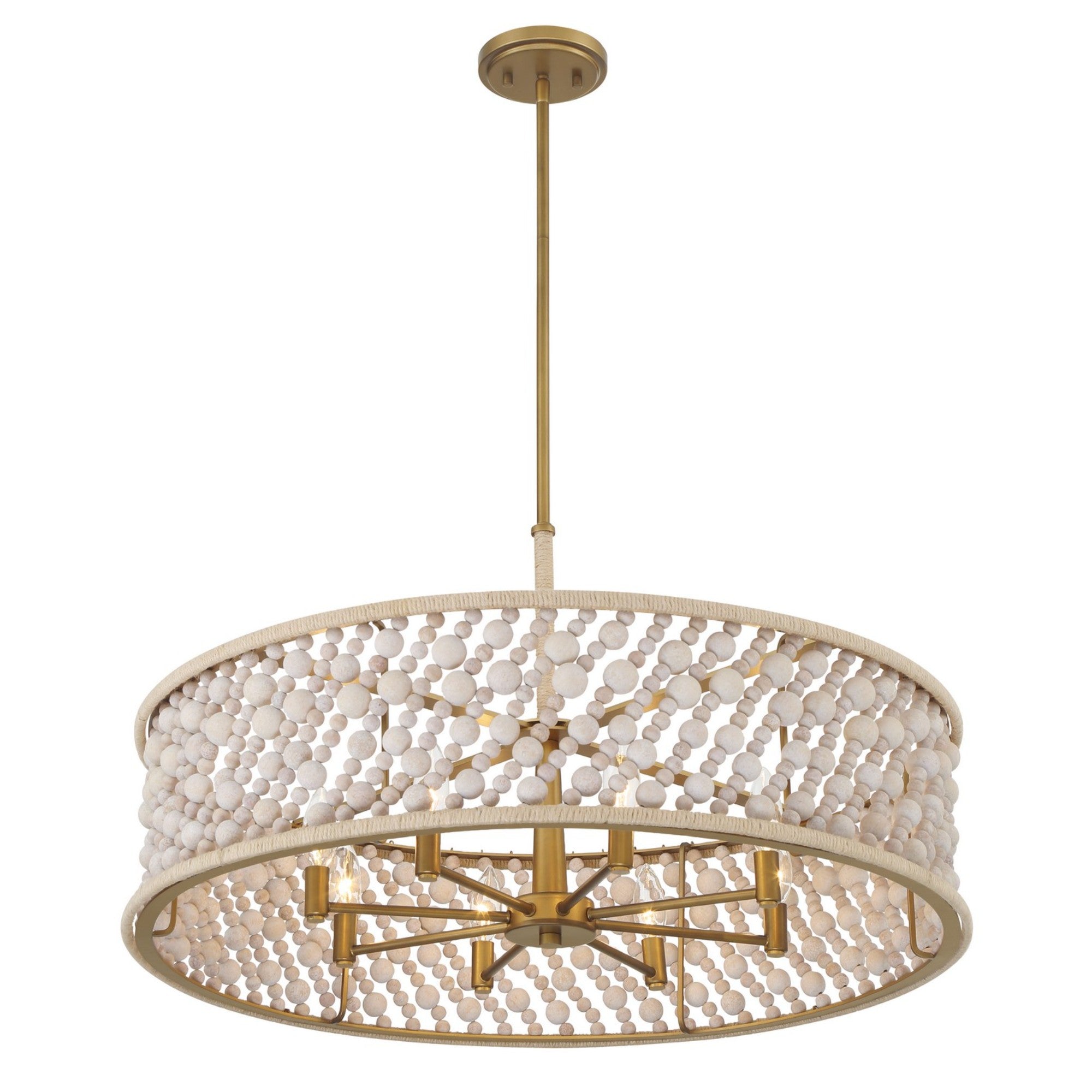Horsmore 30" 8-Light Pendant, Legacy Brass Finish with Bleached Wooden Beads - Bees Lighting