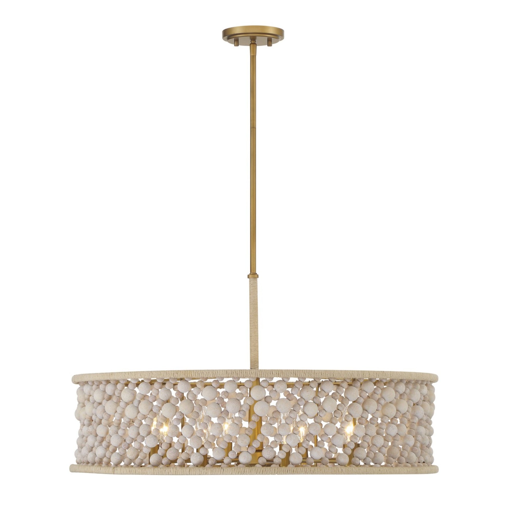 Horsmore 30" 8-Light Pendant, Legacy Brass Finish with Bleached Wooden Beads - Bees Lighting