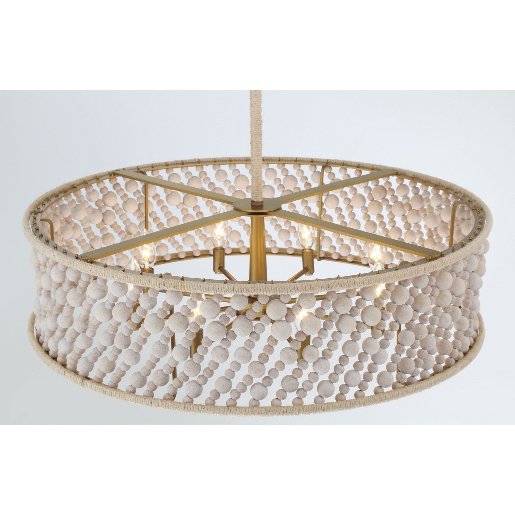Horsmore 30" 8-Light Pendant, Legacy Brass Finish with Bleached Wooden Beads - Bees Lighting