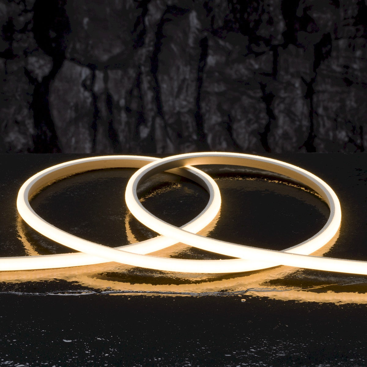 Warm white LED neon strip forming two overlapping rings on a dark surface