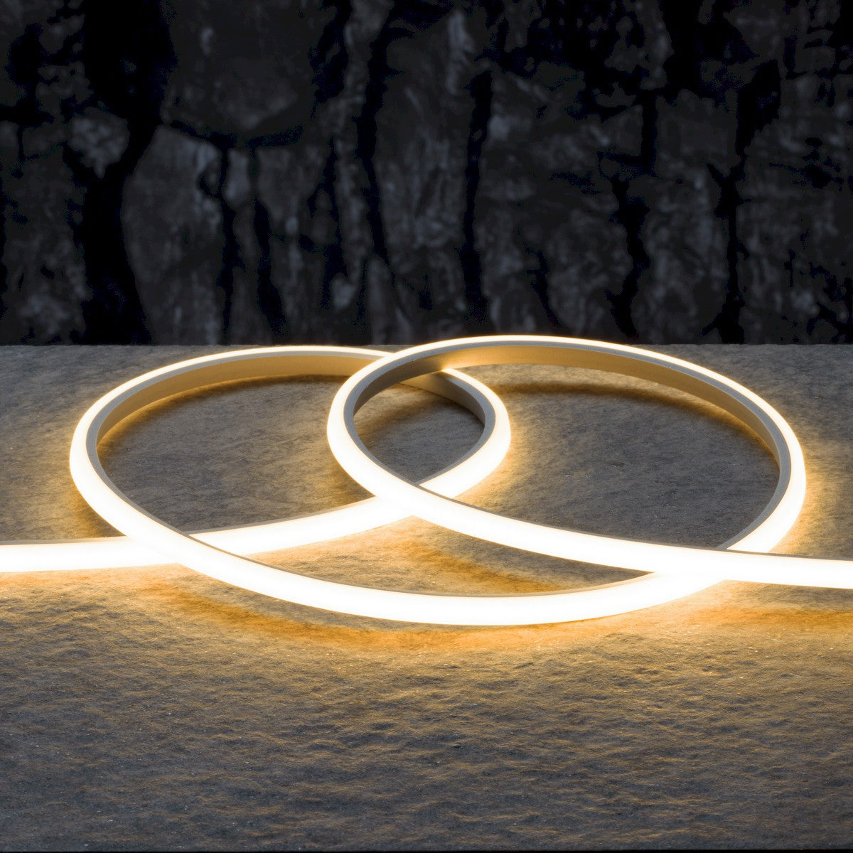 Warm white LED neon strip looped into a two-ring pattern with bright outline.