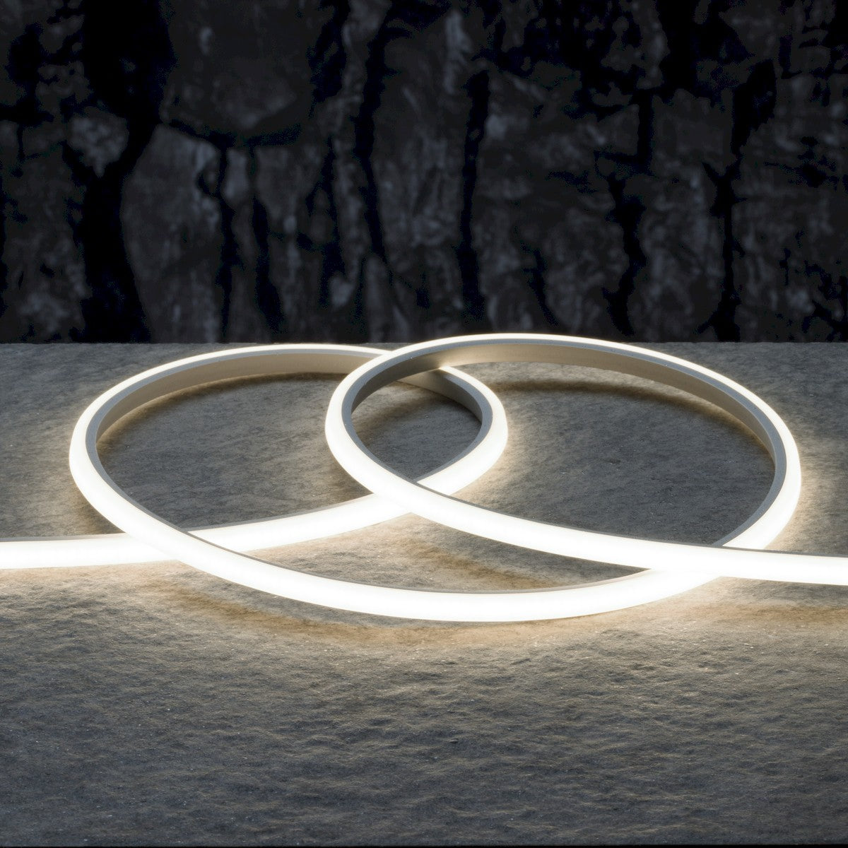 Cool white LED neon strip shaped into interlocking oval loops, glowing white