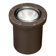 Bronze in-ground landscape light with clear lens and round mounting ring, flush design