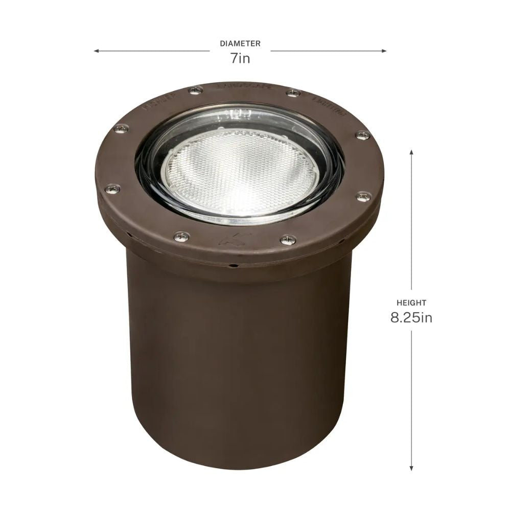 Bronze in-ground landscape light, 7 in diameter and 8.25 in height, round clear lens