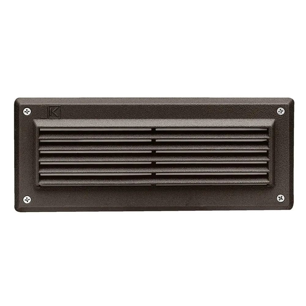 Bronze LED landscape step light with front louvered grille, rectangular body, screw corners