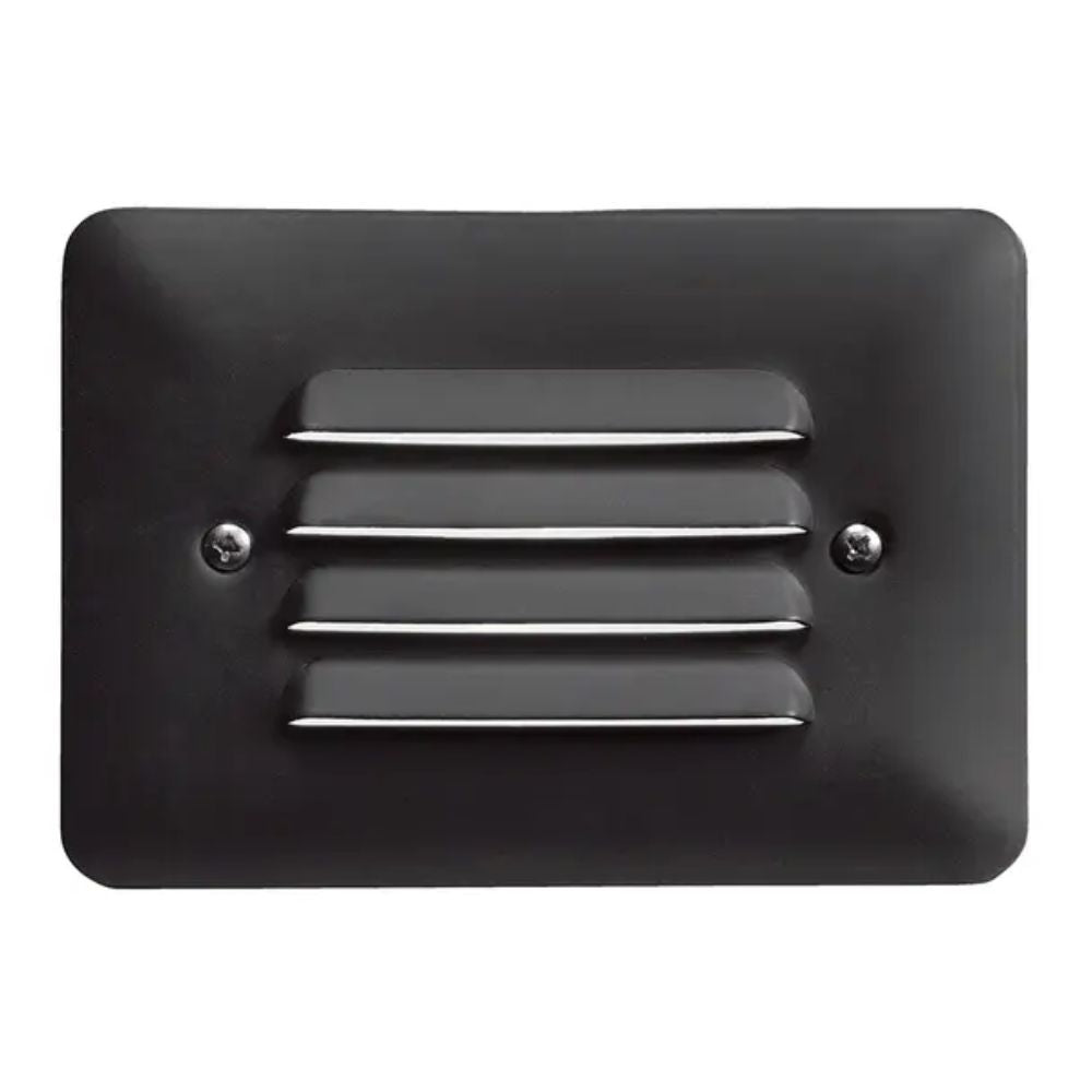 Black mini LED step light faceplate with horizontal vent slots and mounting screws