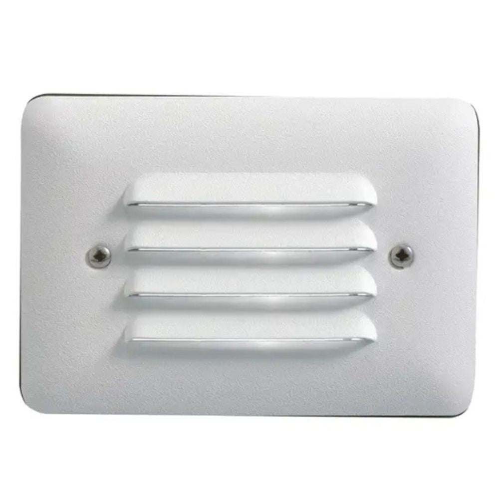 White louvered 12V LED step light face with three horizontal slats and side screws