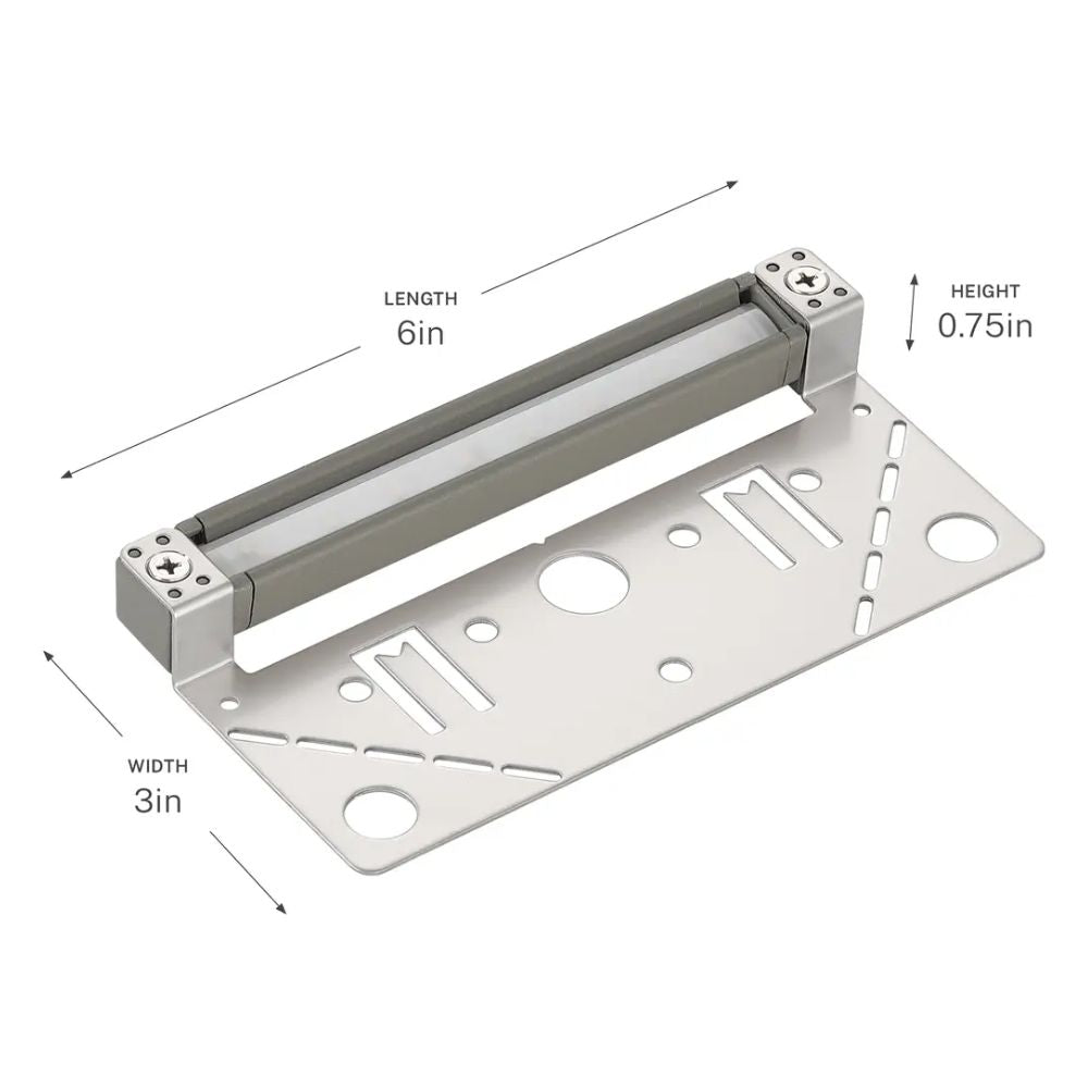 Gray aluminum 12V LED hardscape light with mounting bracket, 6 in length, warm output