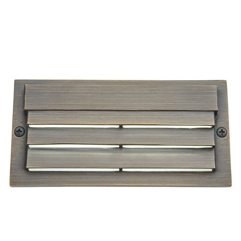 12V LED louvered step light with brass-finish rectangular housing