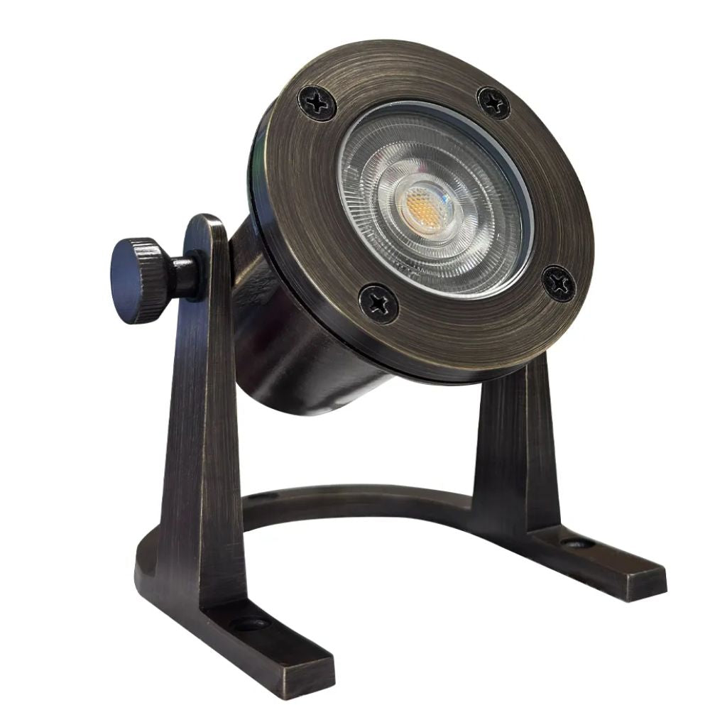 Dark brass LED underwater landscape light with adjustable metal tripod mount