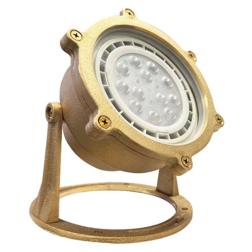 Natural brass LED underwater flood light with glass lens and mounting bracket