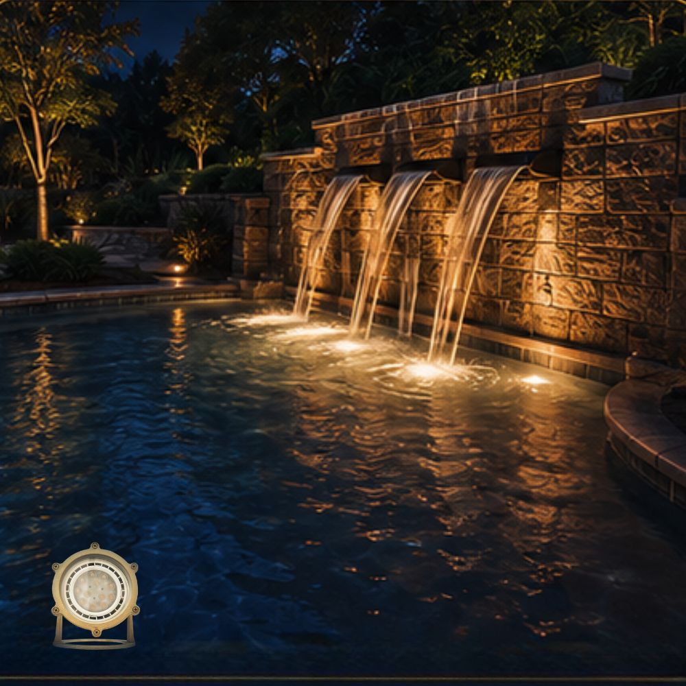 Natural brass LED underwater flood light with circular lens and small mounting bracket