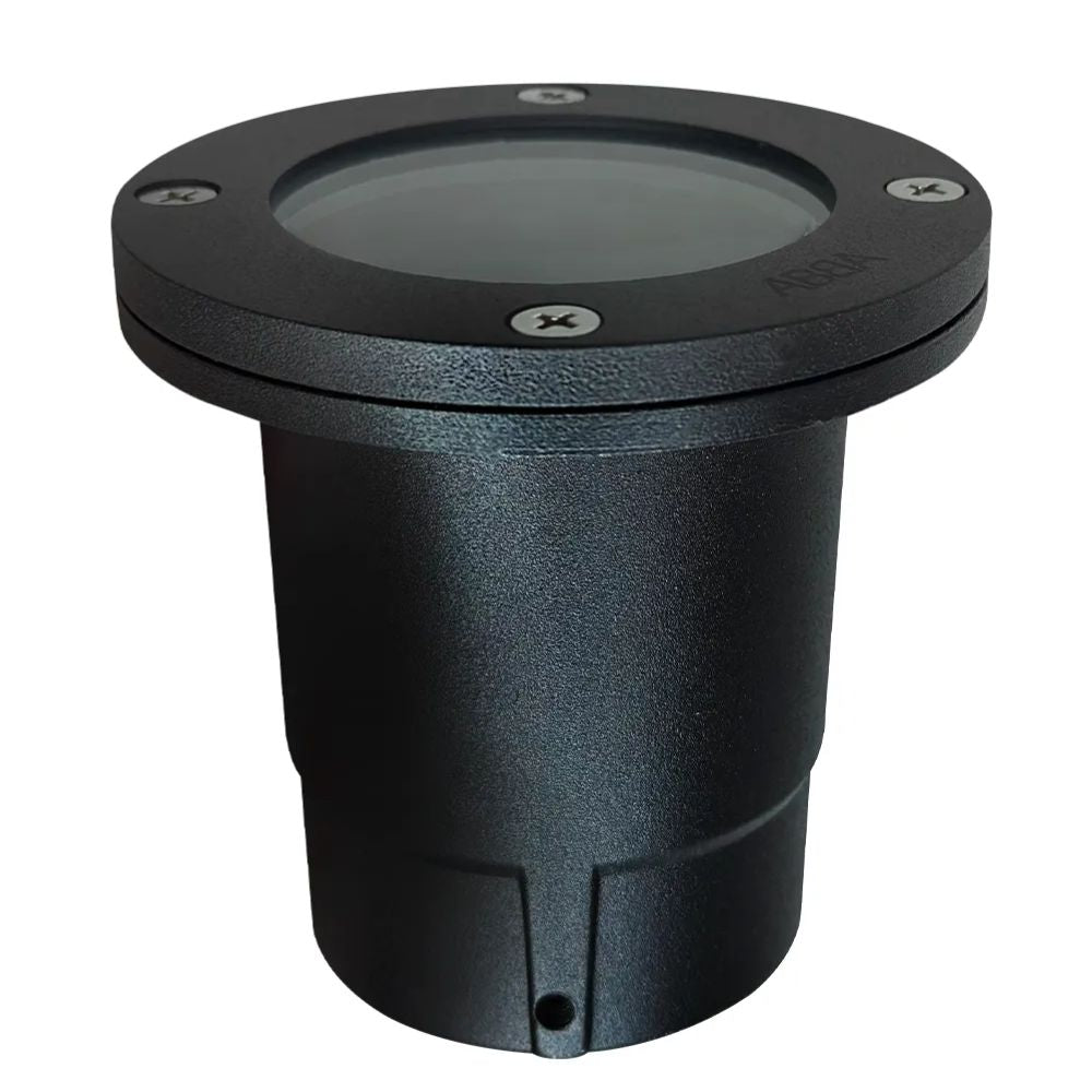 Black round LED landscape well light with top lens and mounting screws