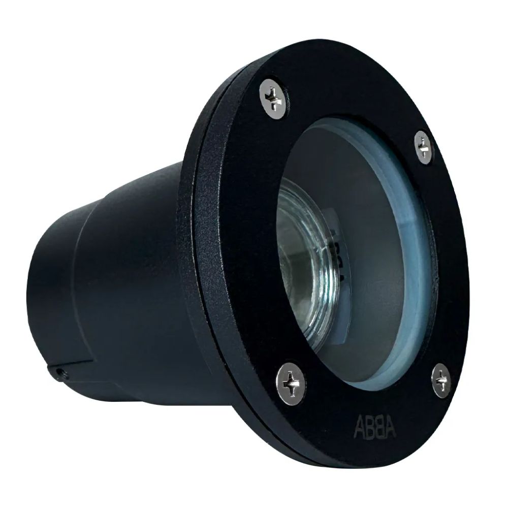 Black round LED well light with side view, front lens, and mounting hardware