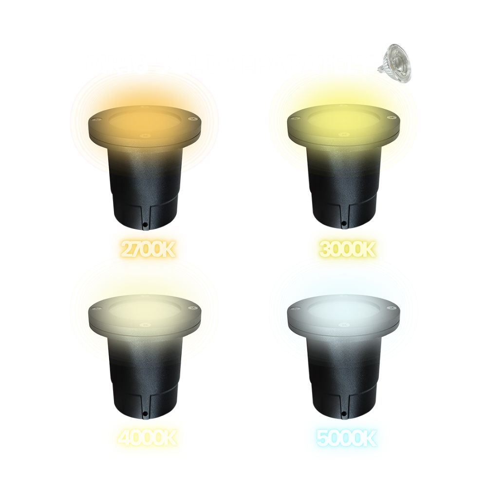 Round black LED well light with 2700K, 3000K, 4000K, and 5000K light tones