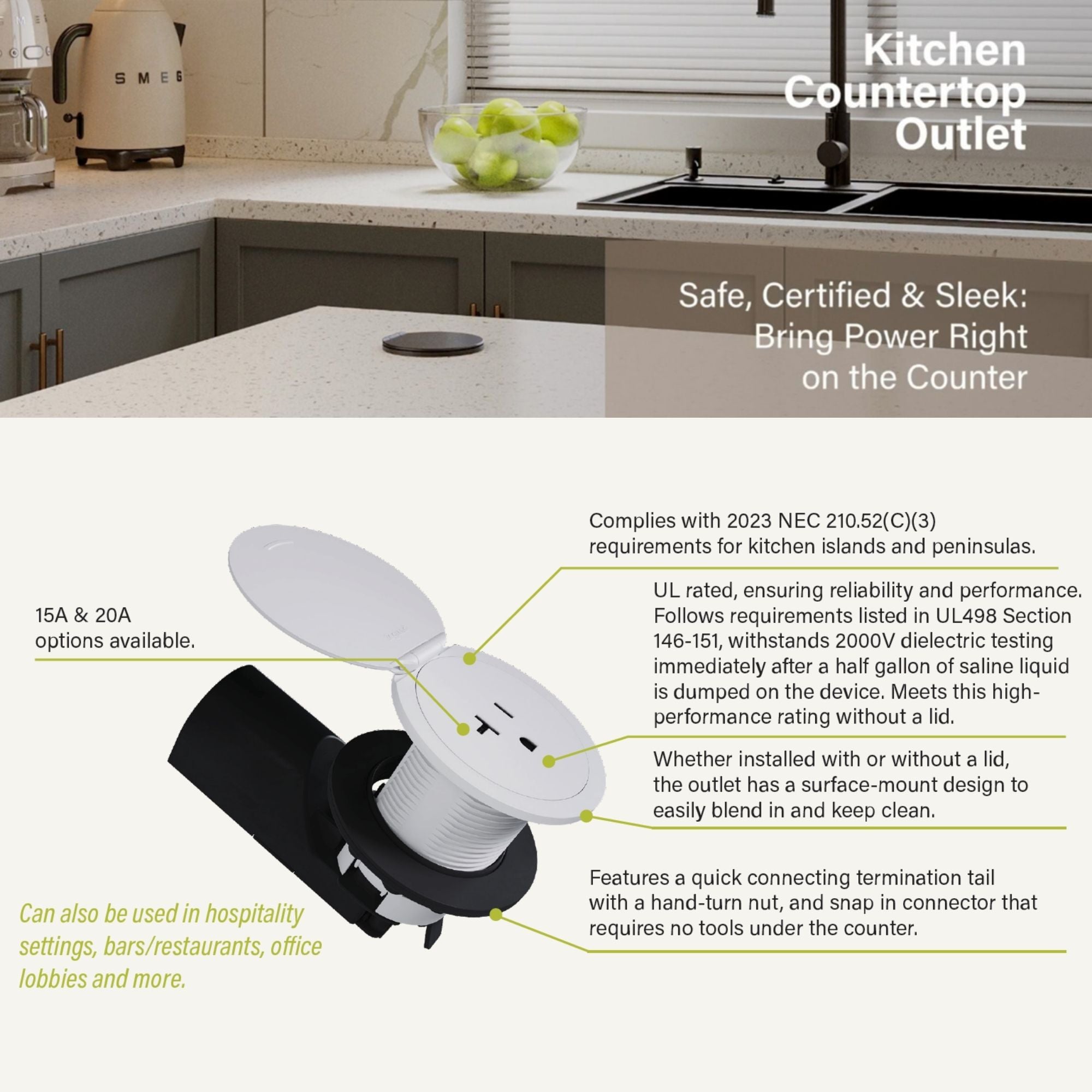 Pass & Seymour CP498TR15W 15A Tamper-Resistant Kitchen Countertop Outlet, Matte White