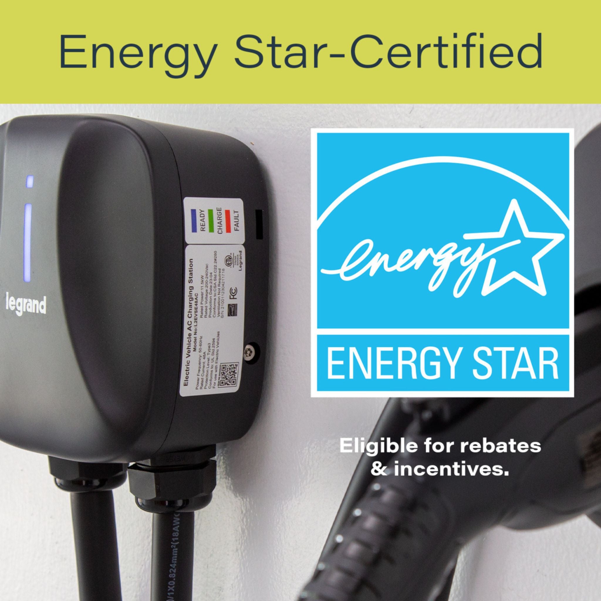 Legrand L2EVSE48AC Pass and Seymour L2EVSE48AC Non-Networked Level 2 Hardwired EV Charger, 48A, Indoor/Outdoor, Black