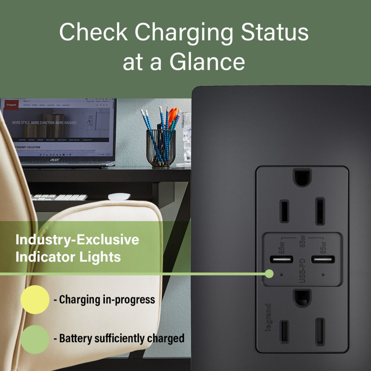 radiant R26USBPD65BK 15A Tamper-Resistant 65W USB Type-C Power Delivery Duplex Outlet, Black