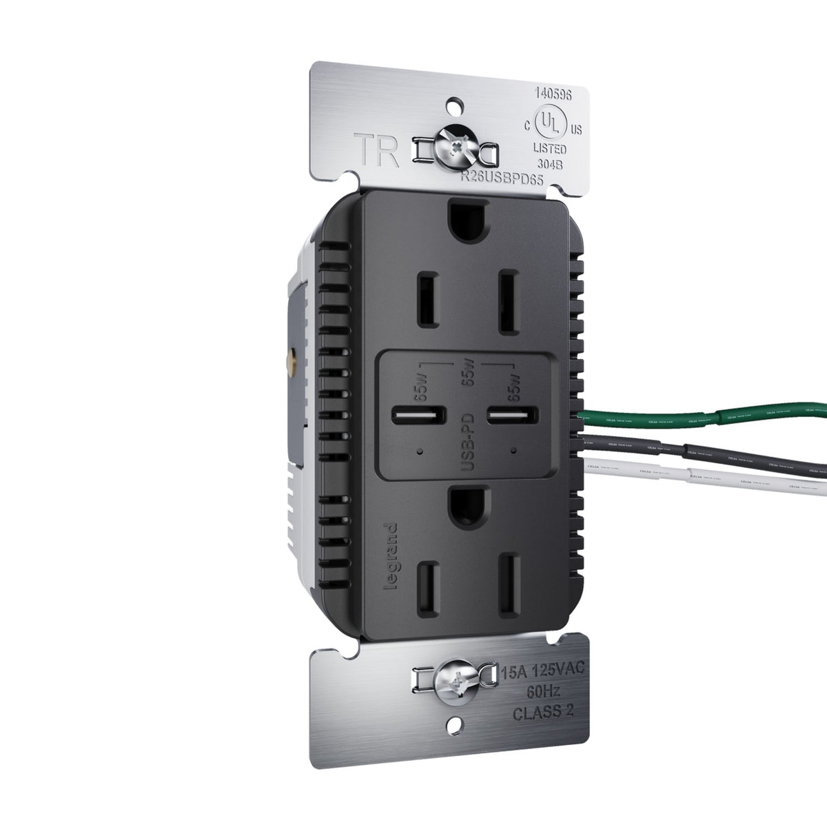 radiant R26USBPD65BK 15A Tamper-Resistant 65W USB Type-C Power Delivery Duplex Outlet, Black