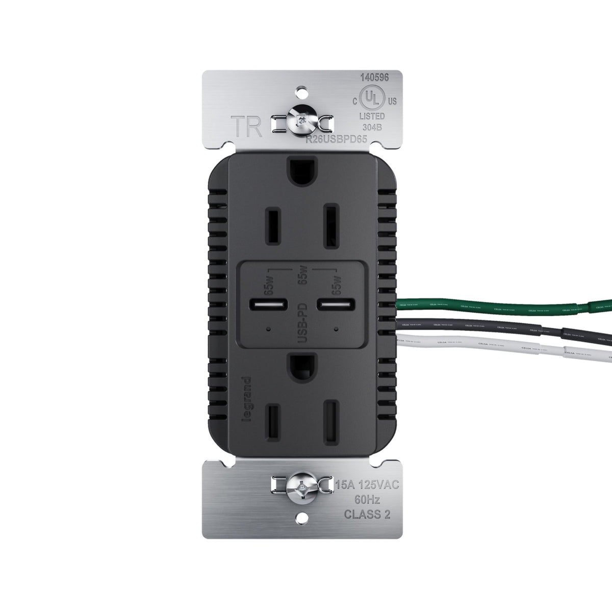 radiant R26USBPD65BK 15A Tamper-Resistant 65W USB Type-C Power Delivery Duplex Outlet, Black