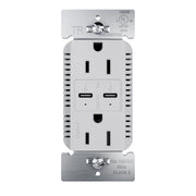 Legrand radiant R26USBPD65GRY gray 15A tamper-resistant duplex outlet with two USB Type-C ports and metal mounting frame.