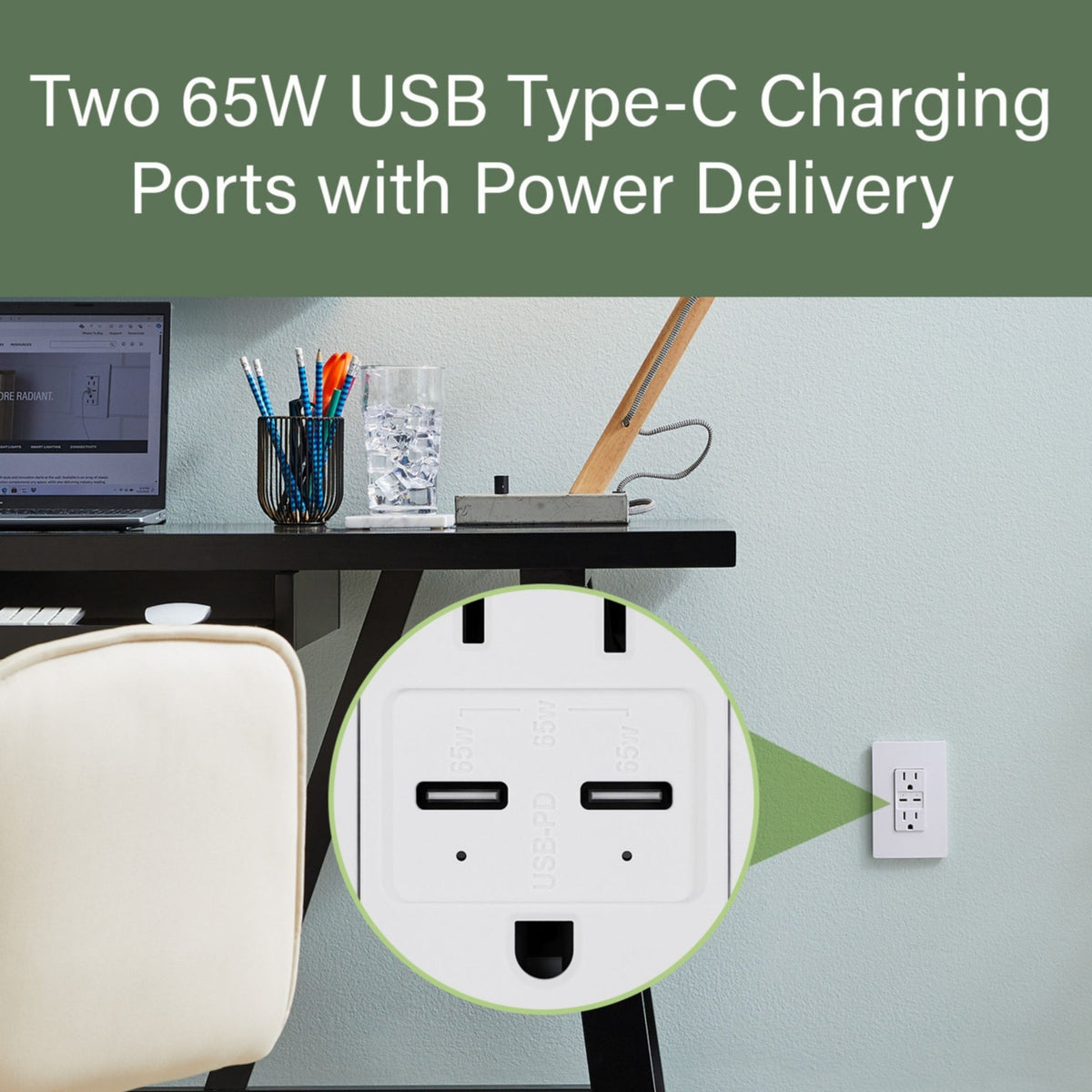 Legrand radiant R26USBPD65GRY gray duplex outlet with tamper-resistant 15A sockets and two USB Type-C ports with 65W Power.