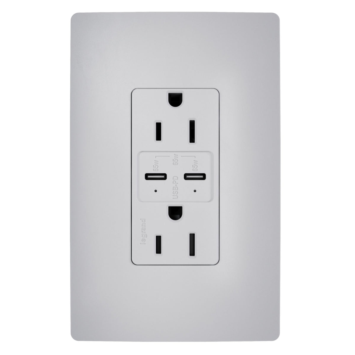Legrand radiant R26USBPD65GRY gray 15A tamper-resistant duplex outlet with two USB Type-C ports and LED indicators, front.