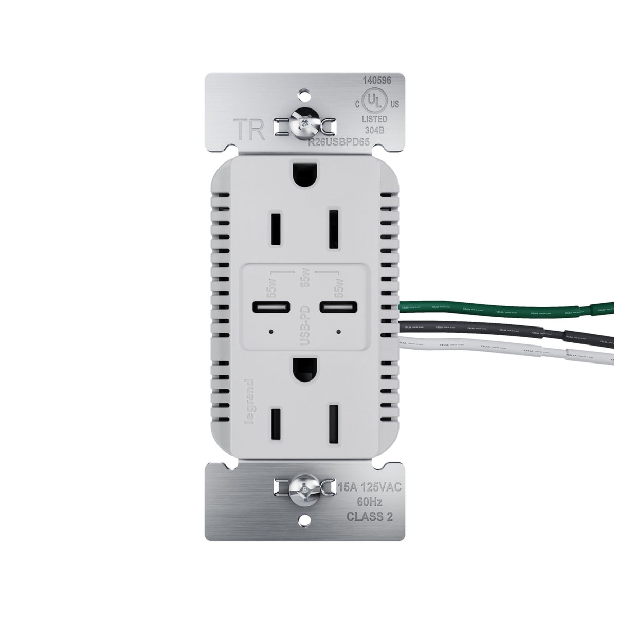 Radiant R26USBPD65GRY gray 15A tamper-resistant duplex outlet with two USB Type-C power delivery ports and attached wires,.