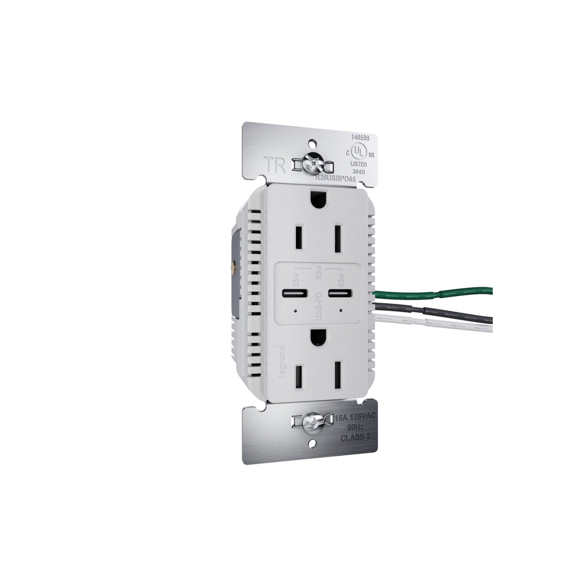 Legrand radiant R26USBPD65GRY gray duplex outlet with two USB Type-C ports and two standard sockets, tamper-resistant.