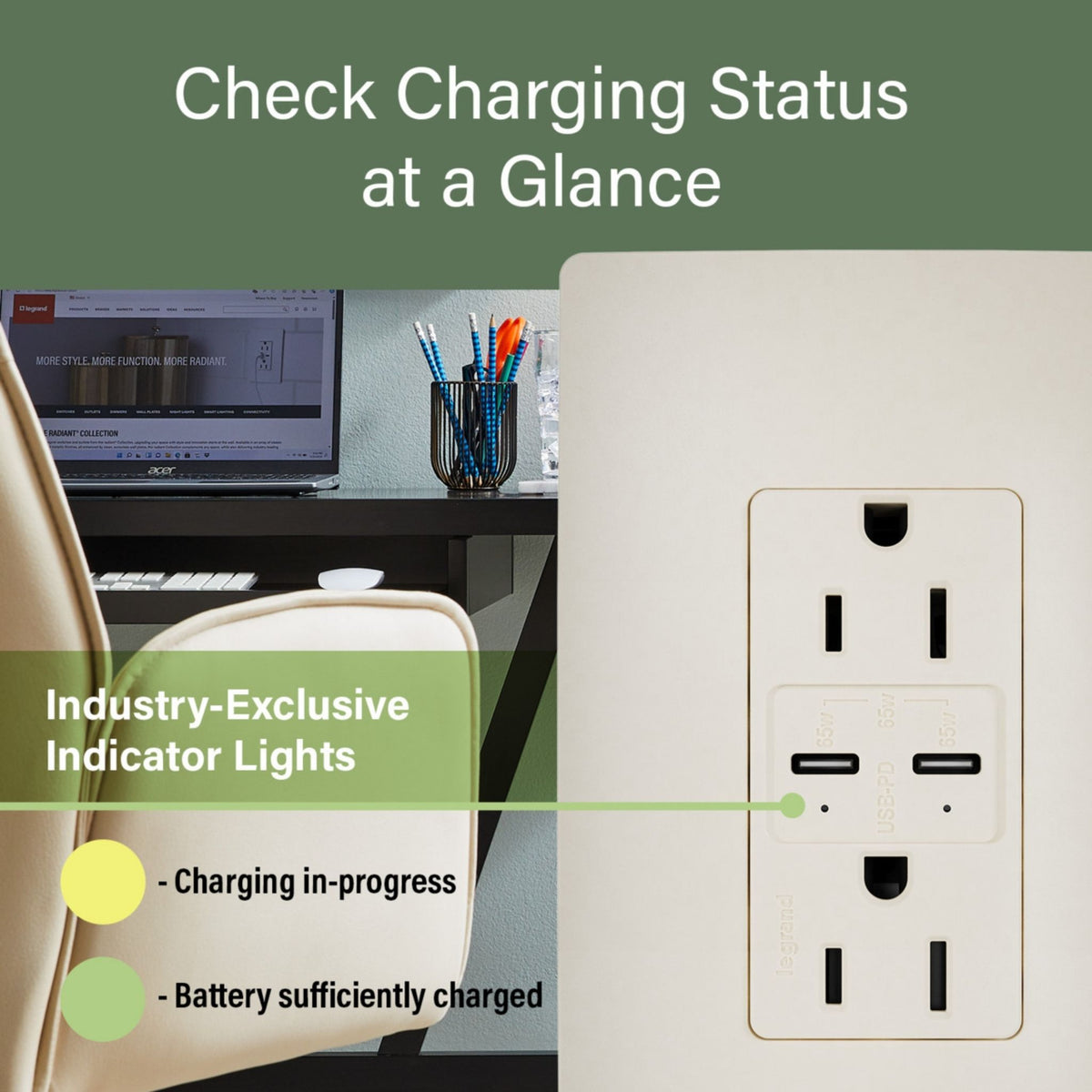 radiant R26USBPD65LA 15A Tamper-Resistant 65W USB Type-C Power Delivery Duplex Outlet, Light Almond