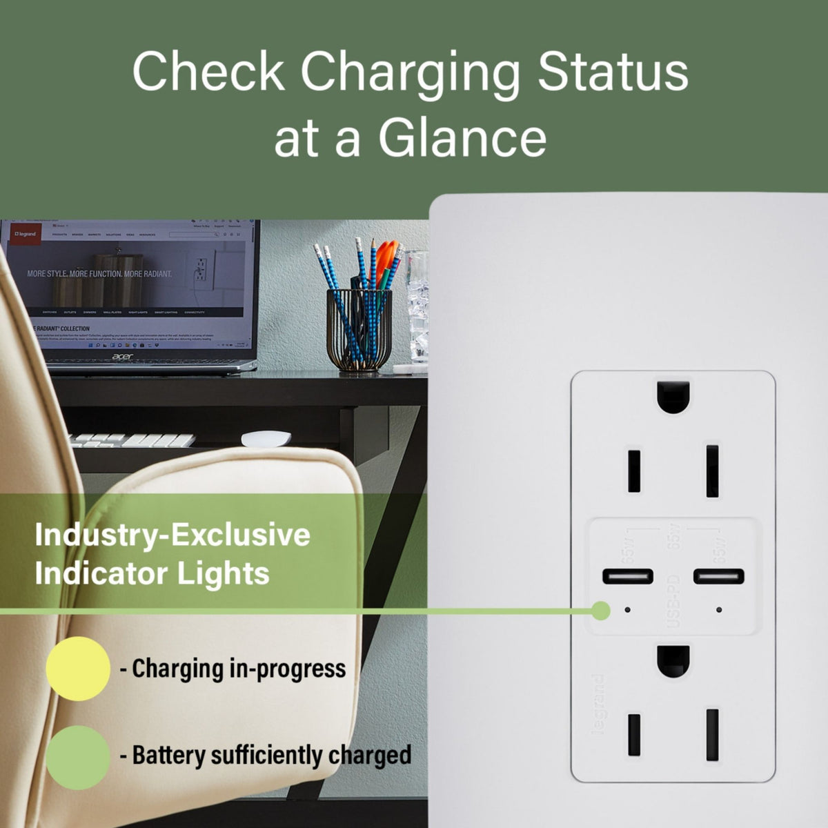 radiant R26USBPD65W 15A Tamper-Resistant 65W USB Type-C Power Delivery Duplex Outlet, White