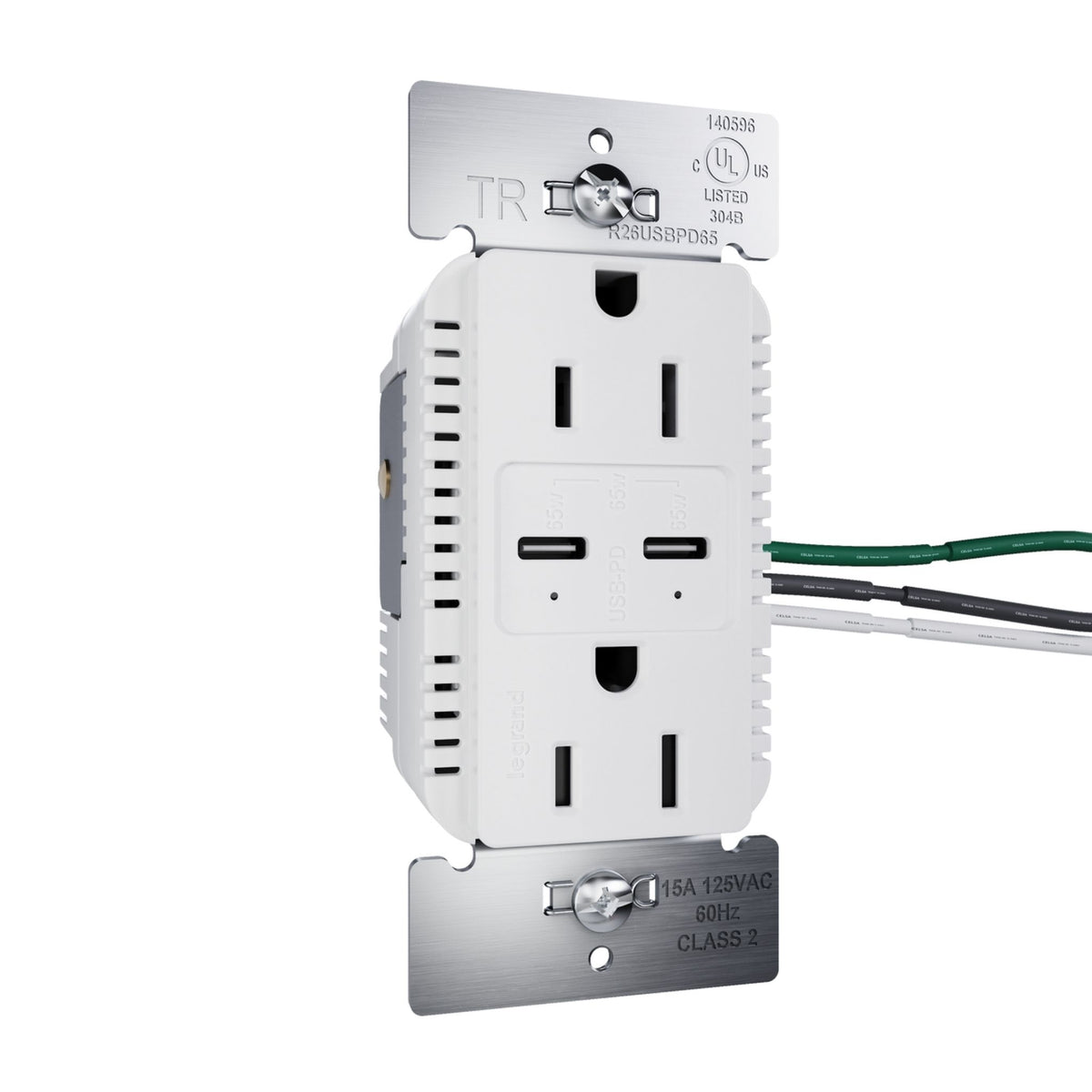 radiant R26USBPD65W 15A Tamper-Resistant 65W USB Type-C Power Delivery Duplex Outlet, White