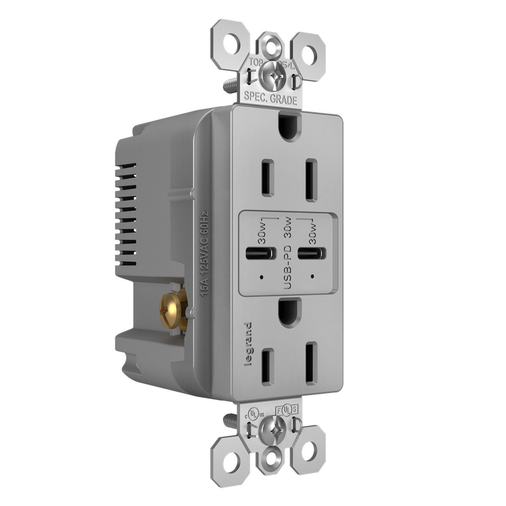 Legrand R26USBPDGRY radiant 15A Tamper-Resistant USB Type-C Duplex Outlet, Gray