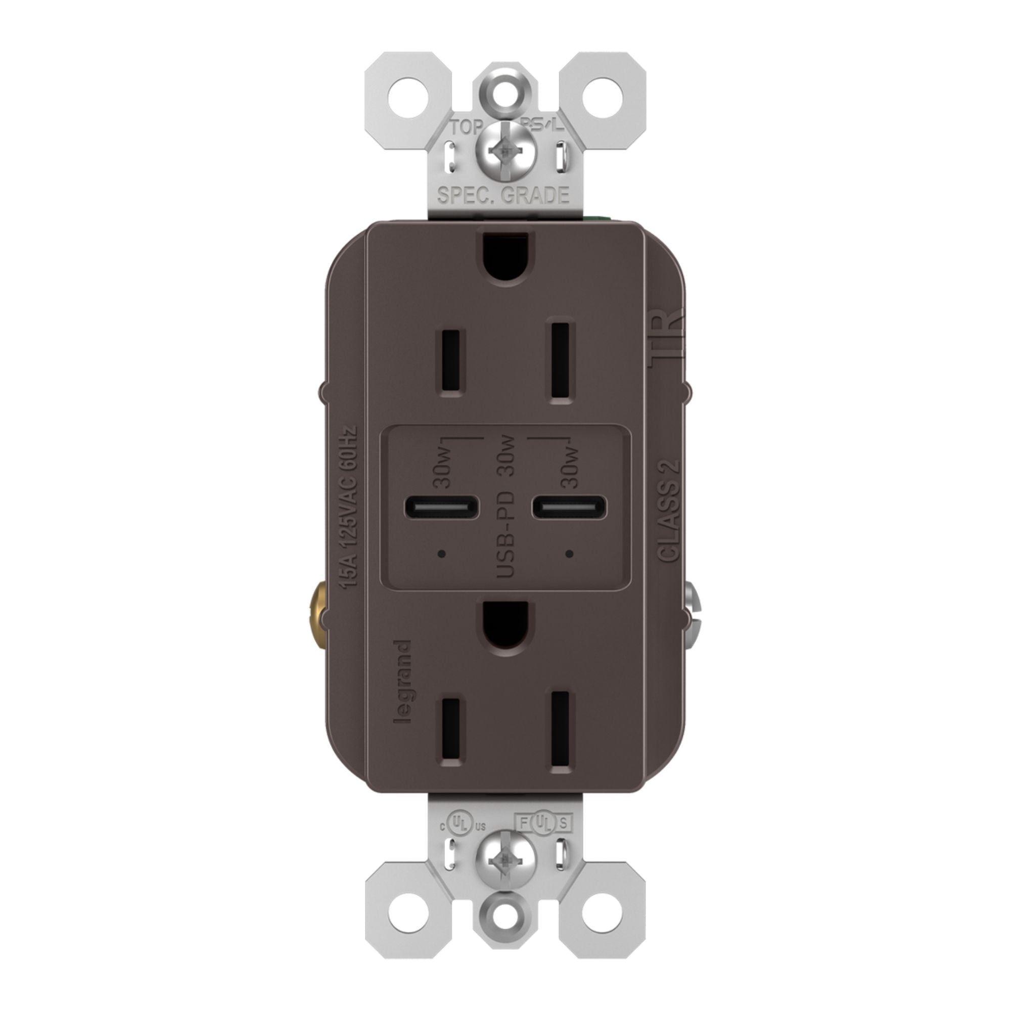 Legrand R26USBPD Radiant 15A Tamper-Resistant USB Type-C Duplex Outlet, Brown