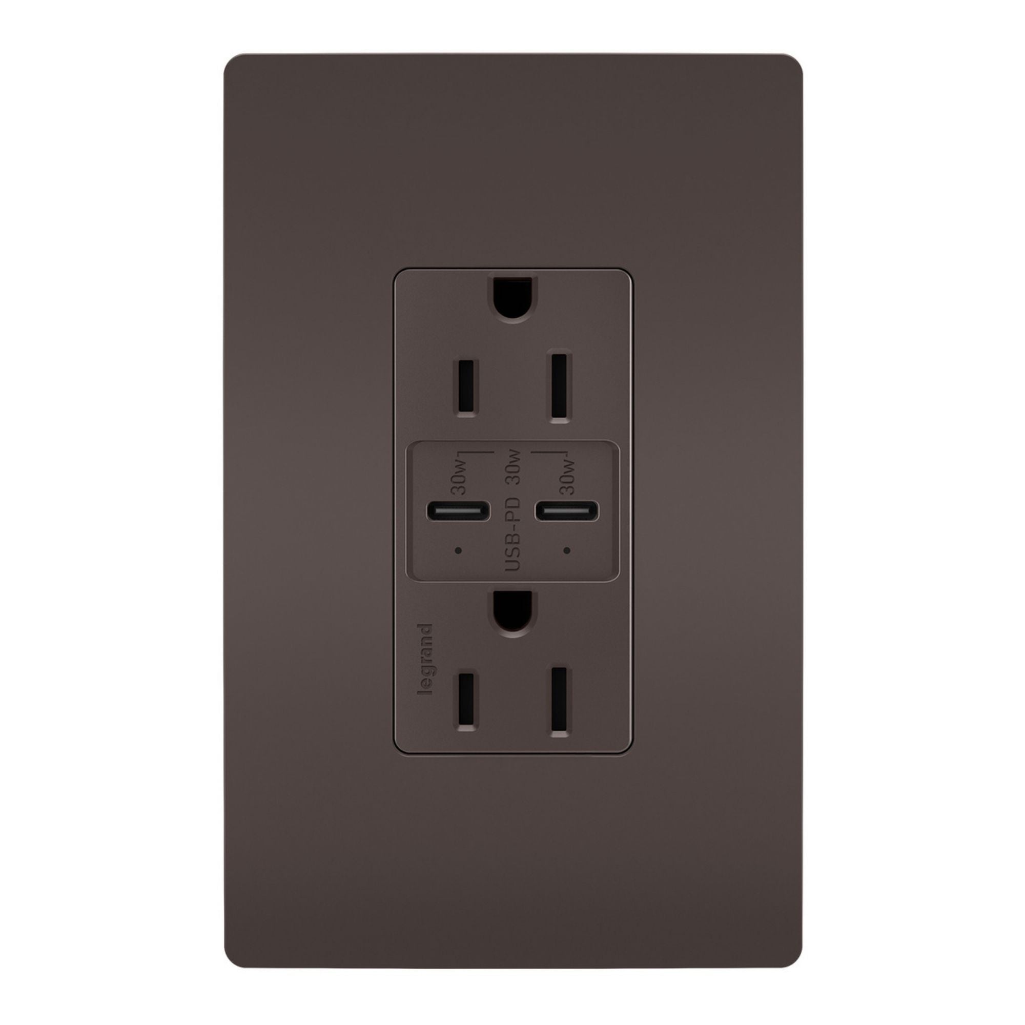 Legrand R26USBPD Radiant 15A Tamper-Resistant USB Type-C Duplex Outlet, Brown