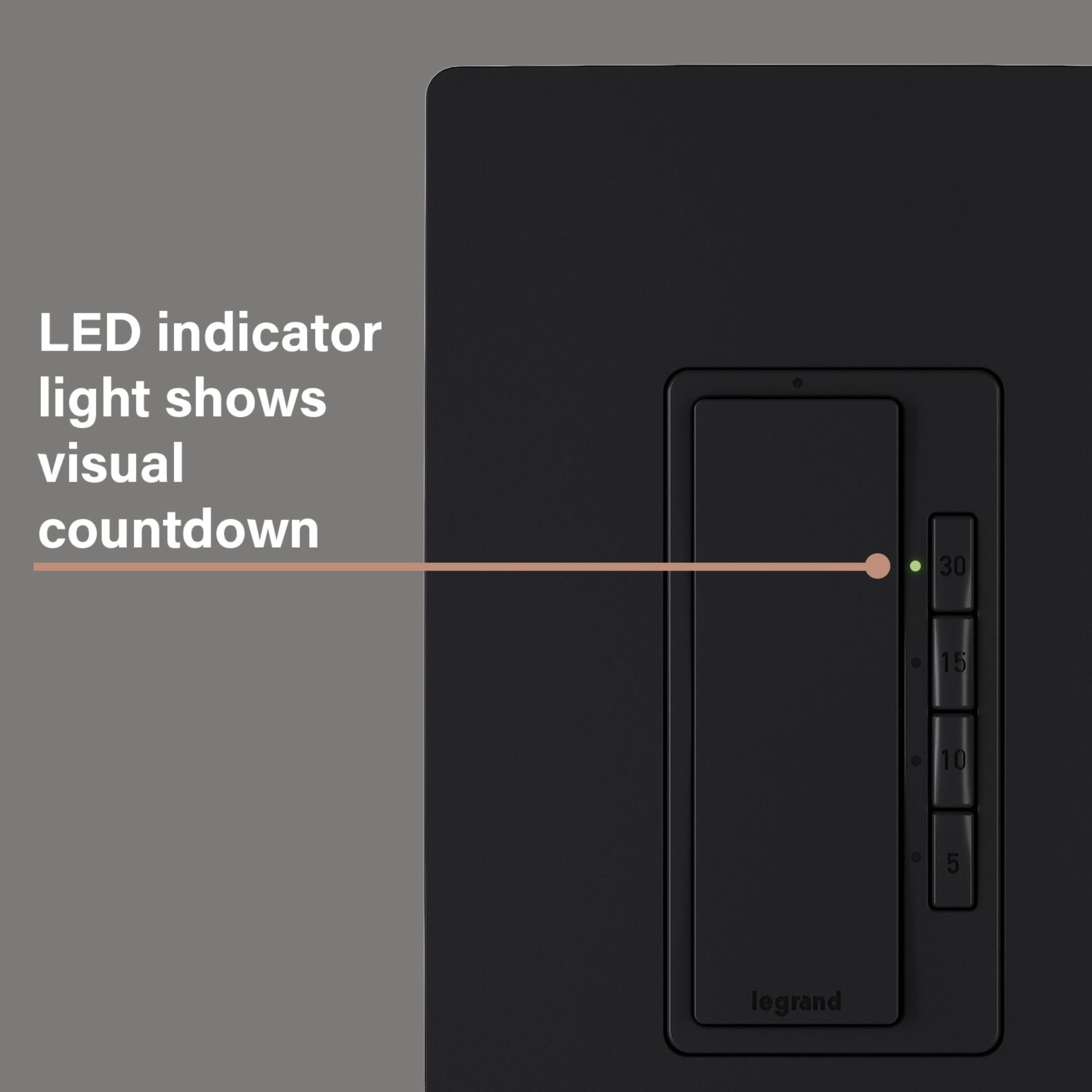 Legrand RT230BK radiant Digital Countdown Timer, 800W, Single Pole, 4-Button, 5-30 Min, Black
