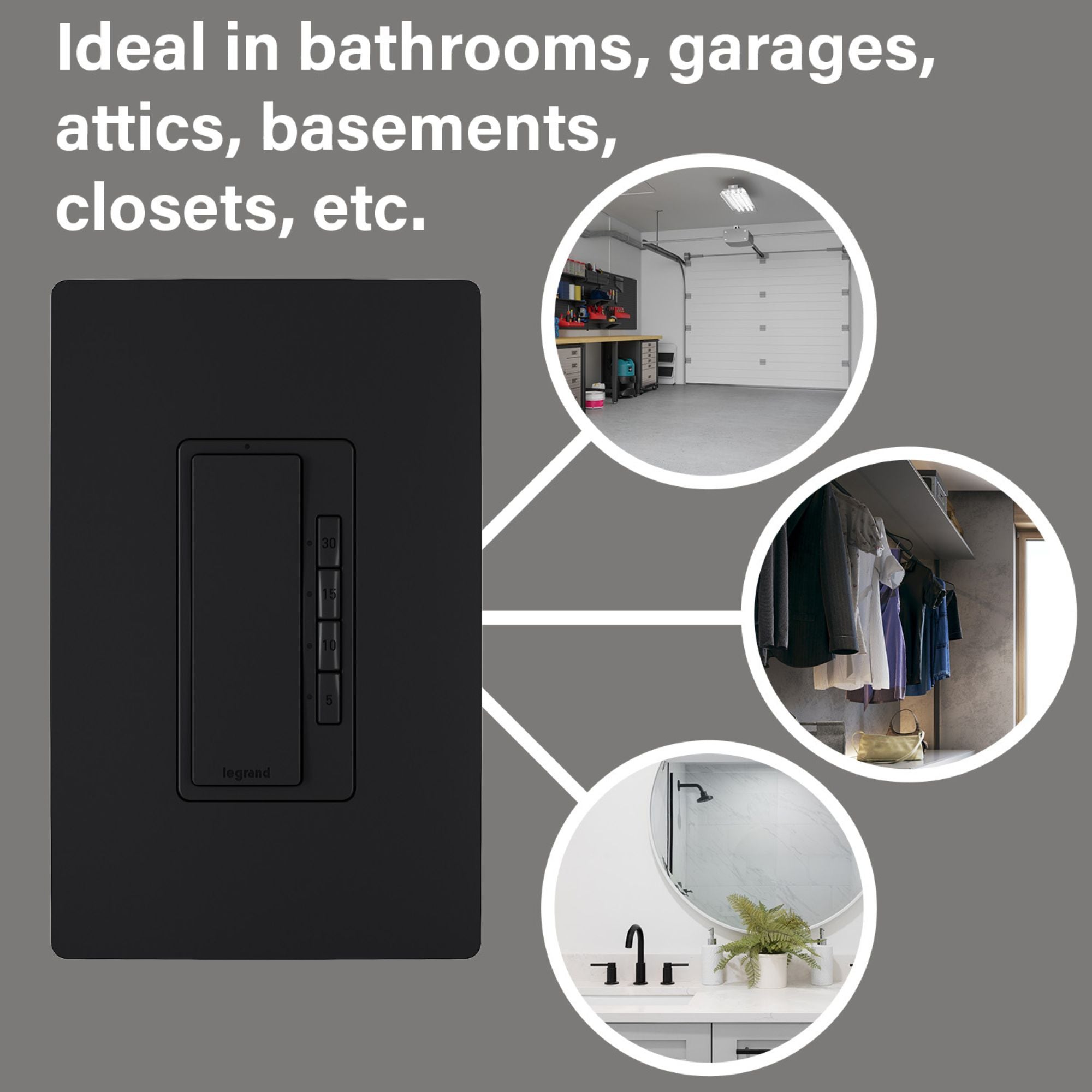 Legrand RT230BK radiant Digital Countdown Timer, 800W, Single Pole, 4-Button, 5-30 Min, Black