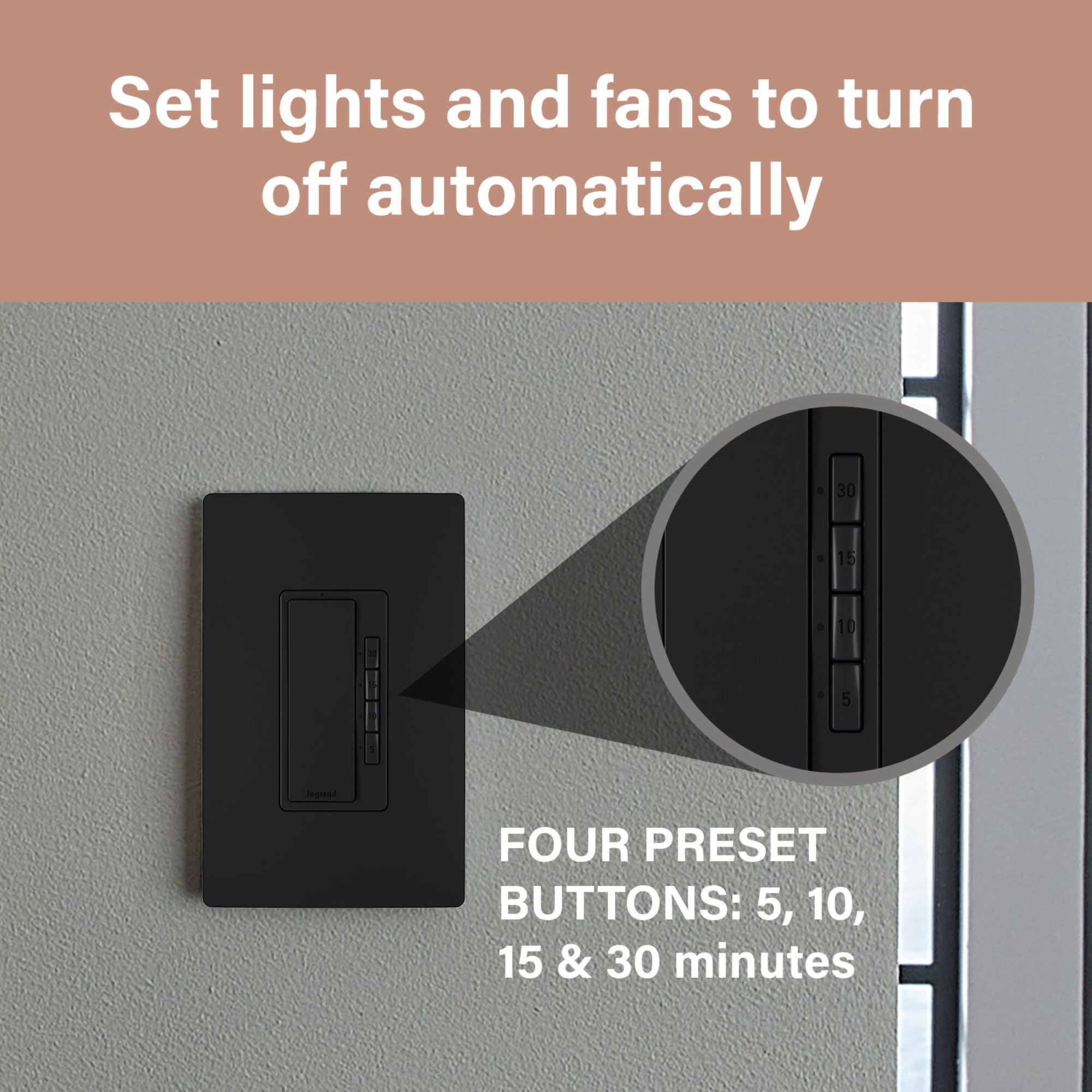 Legrand RT230BK radiant Digital Countdown Timer, 800W, Single Pole, 4-Button, 5-30 Min, Black
