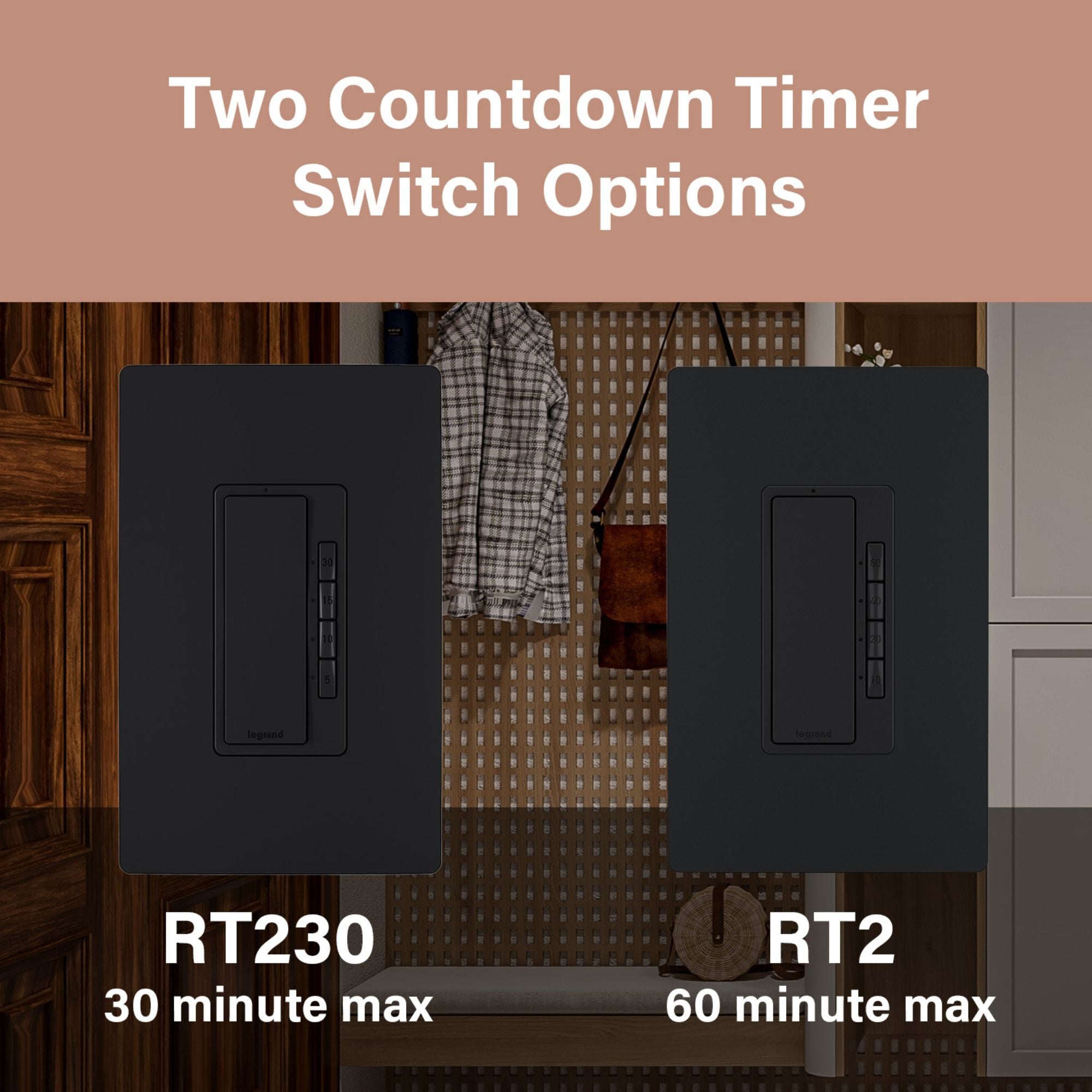 Legrand RT230BK radiant Digital Countdown Timer, 800W, Single Pole, 4-Button, 5-30 Min, Black