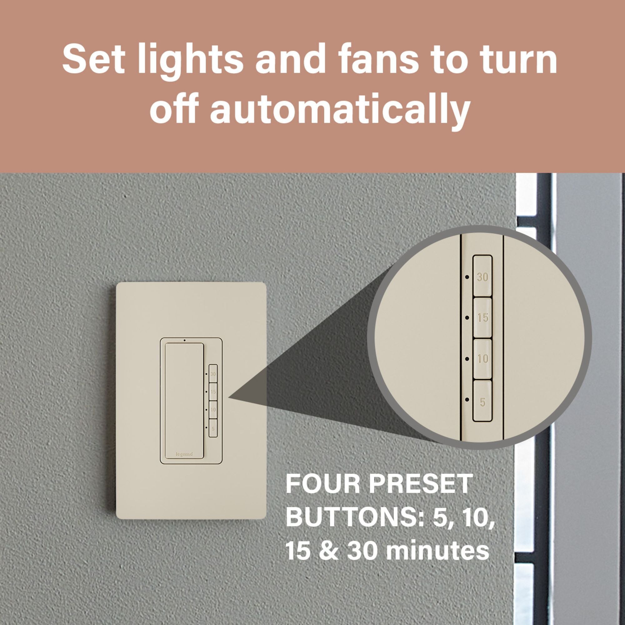 Legrand RT230I radiant Digital Countdown Timer, 800W, Single-Pole, 4-Button, 5-30 Min, Ivory
