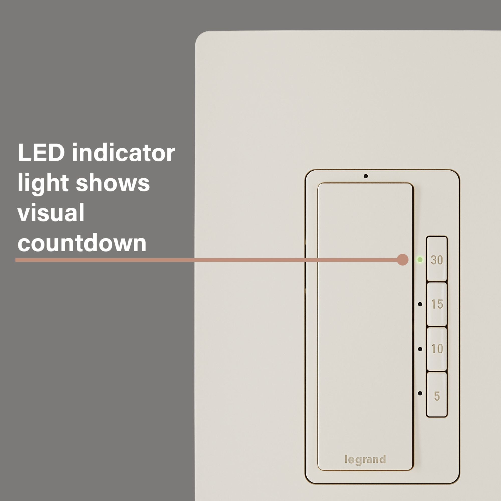 Legrand RT230LA Radiant Digital Countdown Timer, 800W, Single-Pole, 4-Button, 5-30 Min, Light Almond