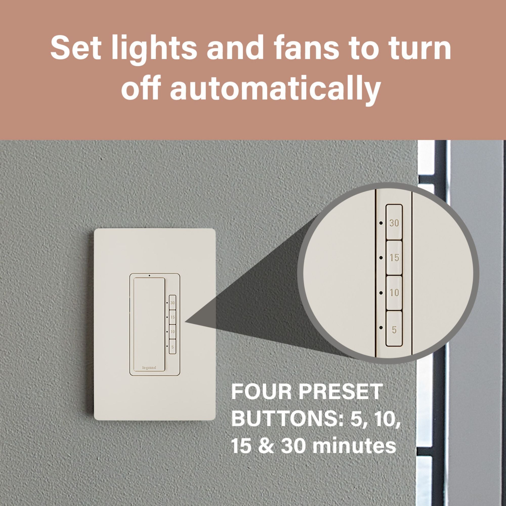 Legrand RT230LA Radiant Digital Countdown Timer, 800W, Single-Pole, 4-Button, 5-30 Min, Light Almond
