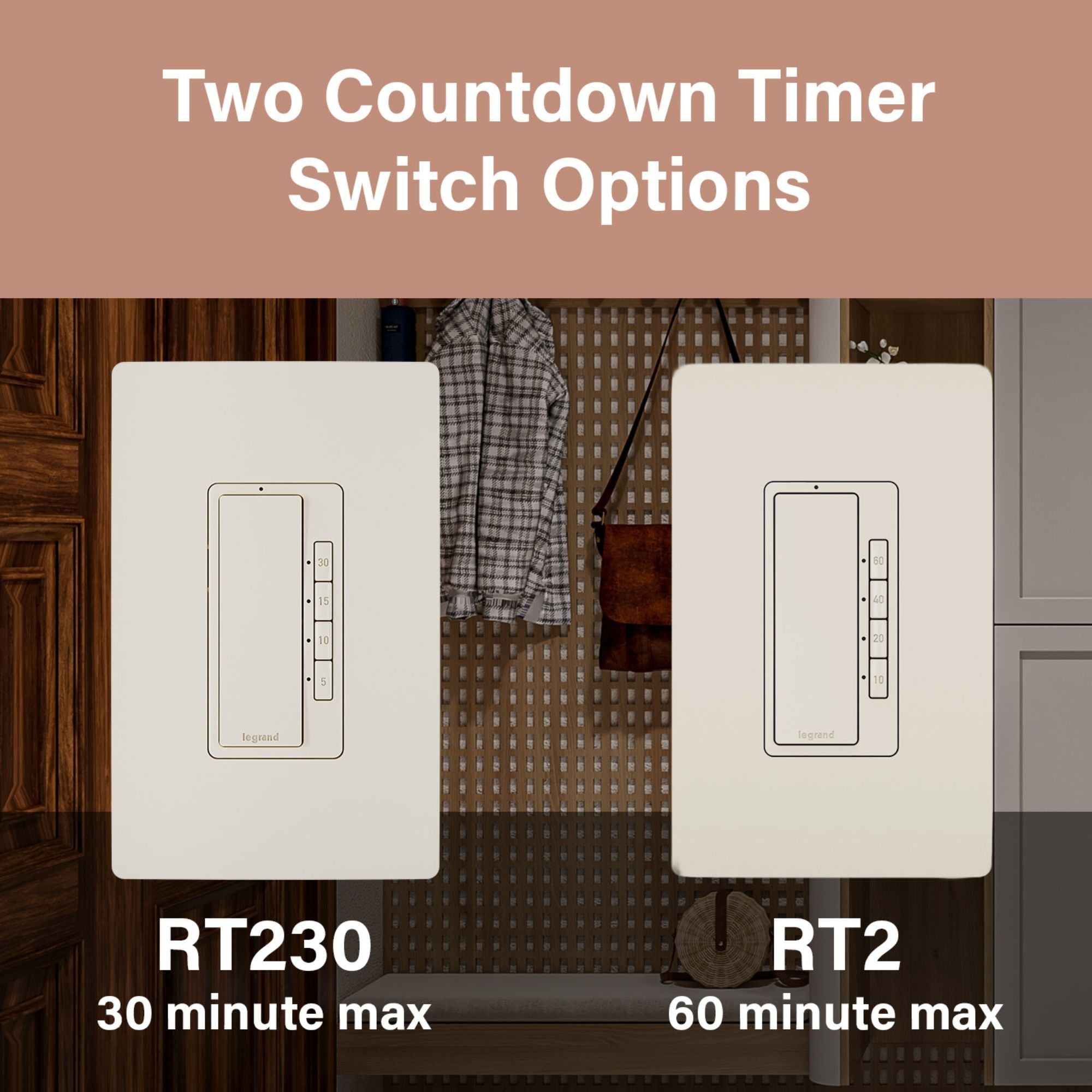 Legrand RT230LA Radiant Digital Countdown Timer, 800W, Single-Pole, 4-Button, 5-30 Min, Light Almond