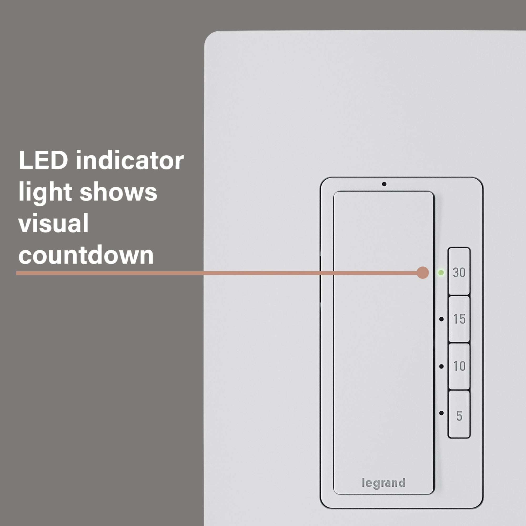 Legrand RT230W radiant Digital Countdown Timer, 800W, Single-Pole, 4-Button, 5-30 Min, White
