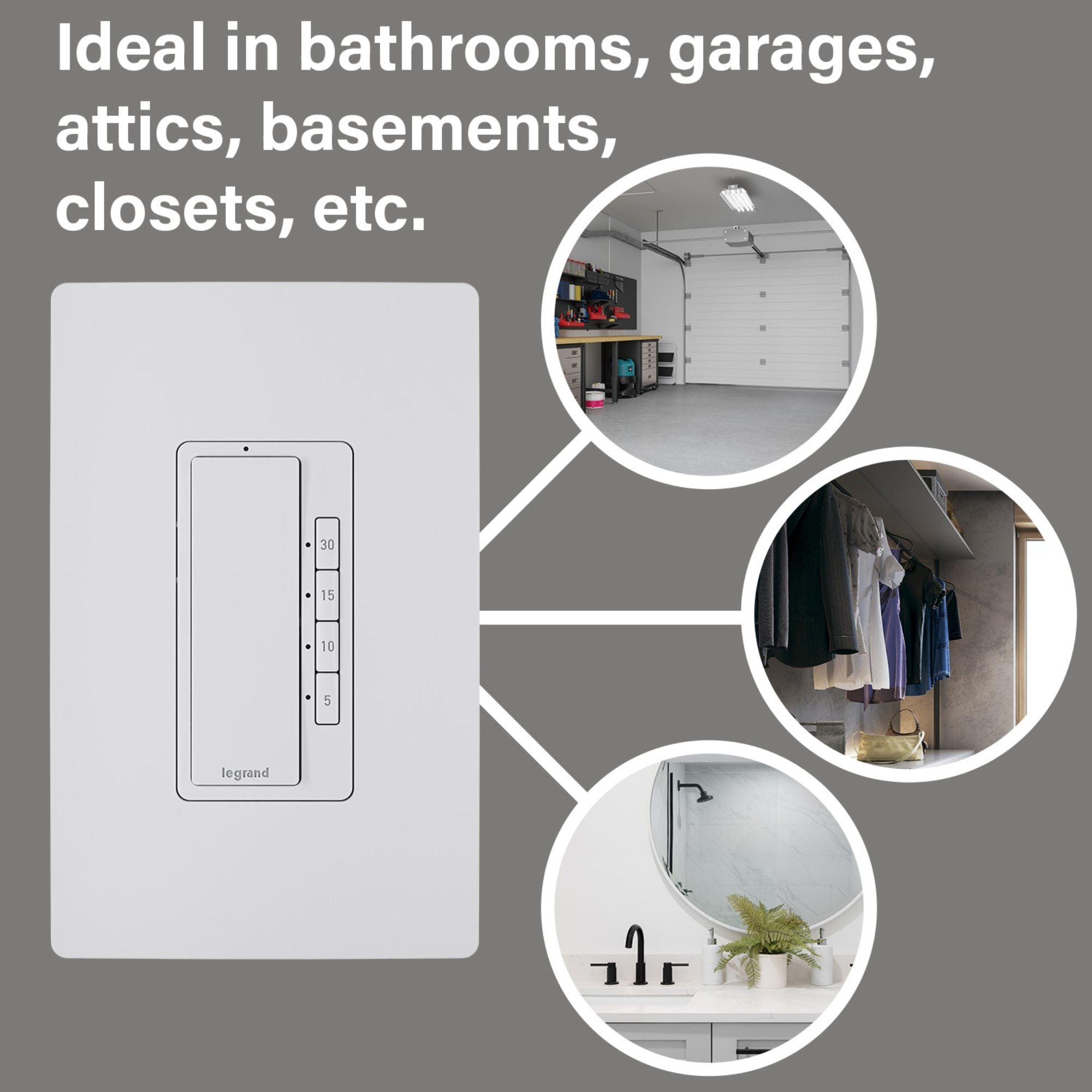 Legrand RT230W radiant Digital Countdown Timer, 800W, Single-Pole, 4-Button, 5-30 Min, White